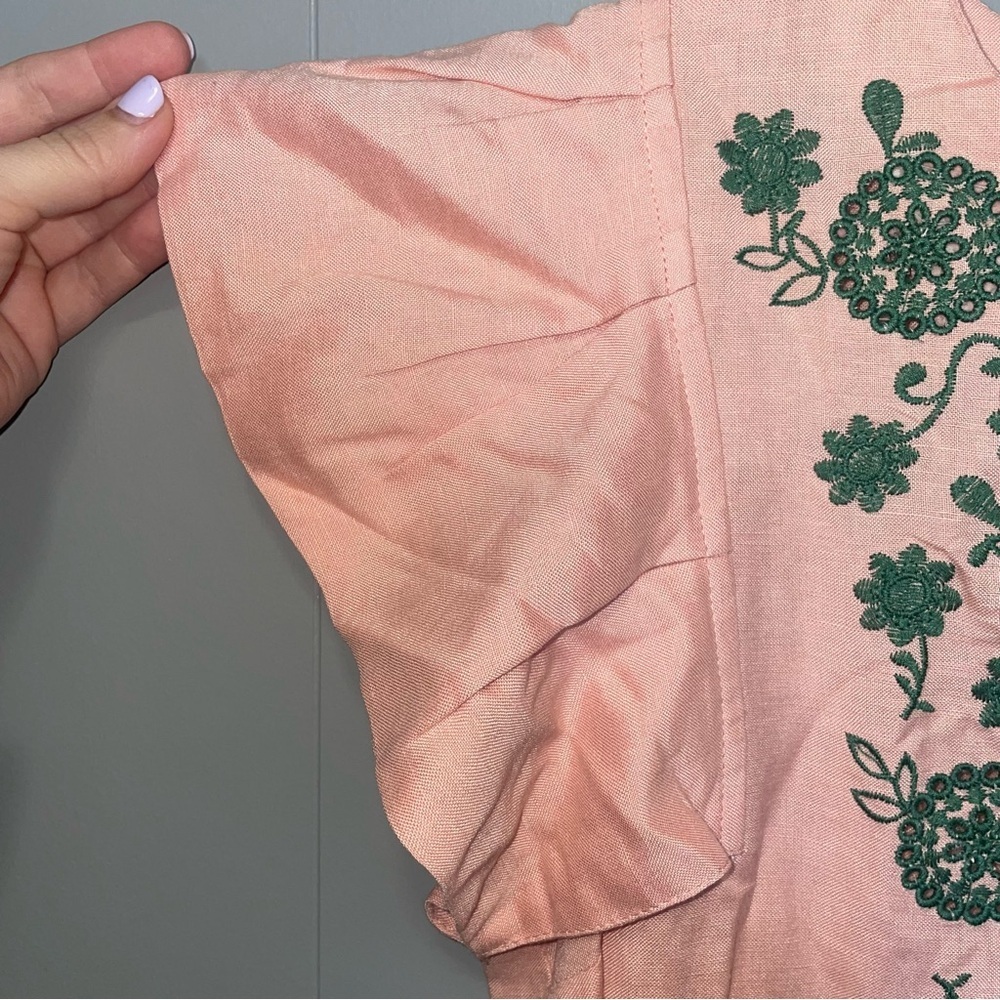 Tuckernuck Pomander Place Emma Pink Linen with Green Embroidery Midi Dress Small - Picture 7 of 8